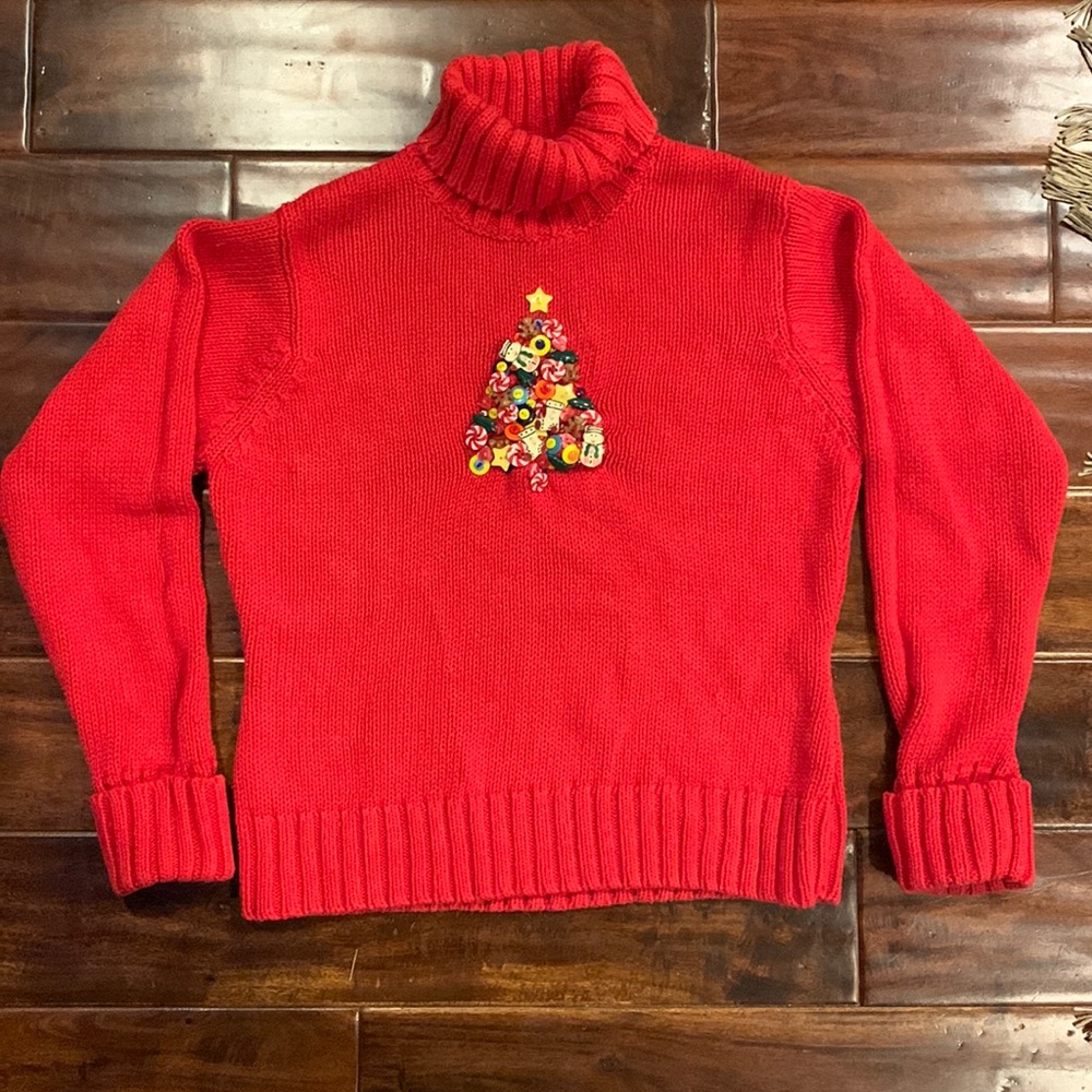 Vintage Marisa Christina Christmas Tree Button Red Sweater Size M 2001